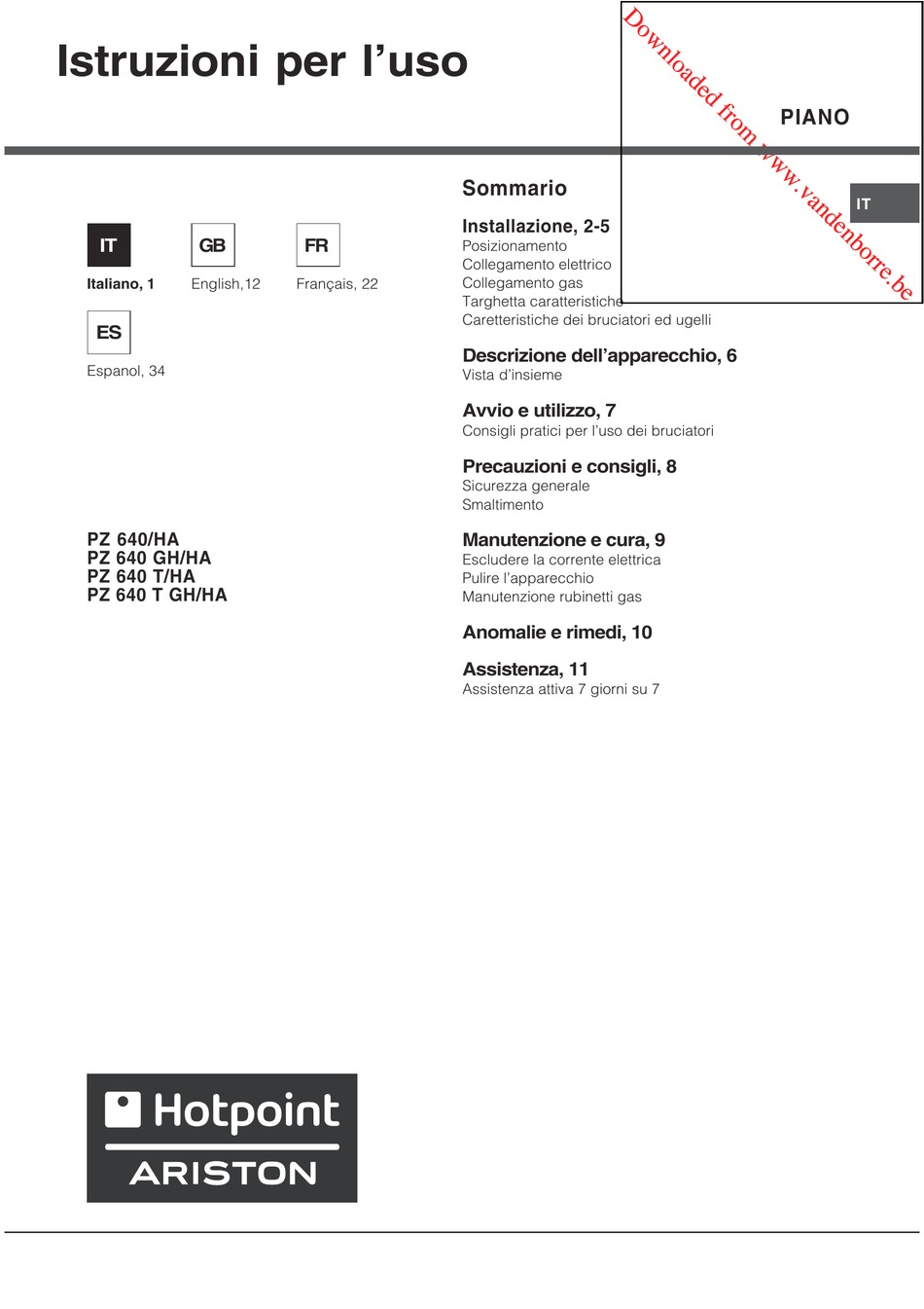 HOTPOINT ARISTON PZ 640/HA OPERATING INSTRUCTIONS MANUAL Pdf Download ...