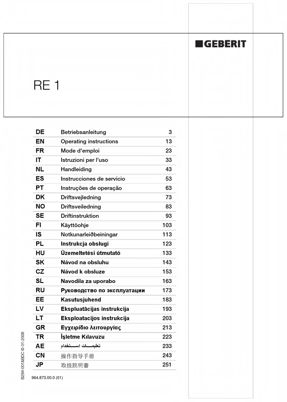 Geberit Re 1 Operating Instructions Manual Pdf Download Manualslib