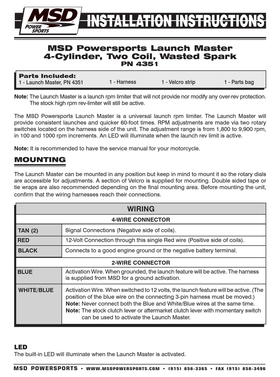 MSD POWERSPORTS LAUNCH MASTER INSTALLATION INSTRUCTIONS Pdf Download