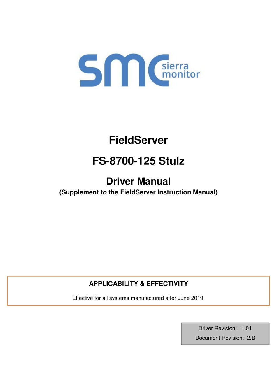 SMC SIERRA MONITOR FIELDSERVER FS8700125 STULZ MANUAL Pdf Download