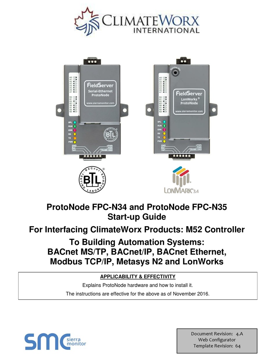 SMC NETWORKS CLIMATEWORX FIELDSERVER PROTONODE FPCN34 STARTUP MANUAL