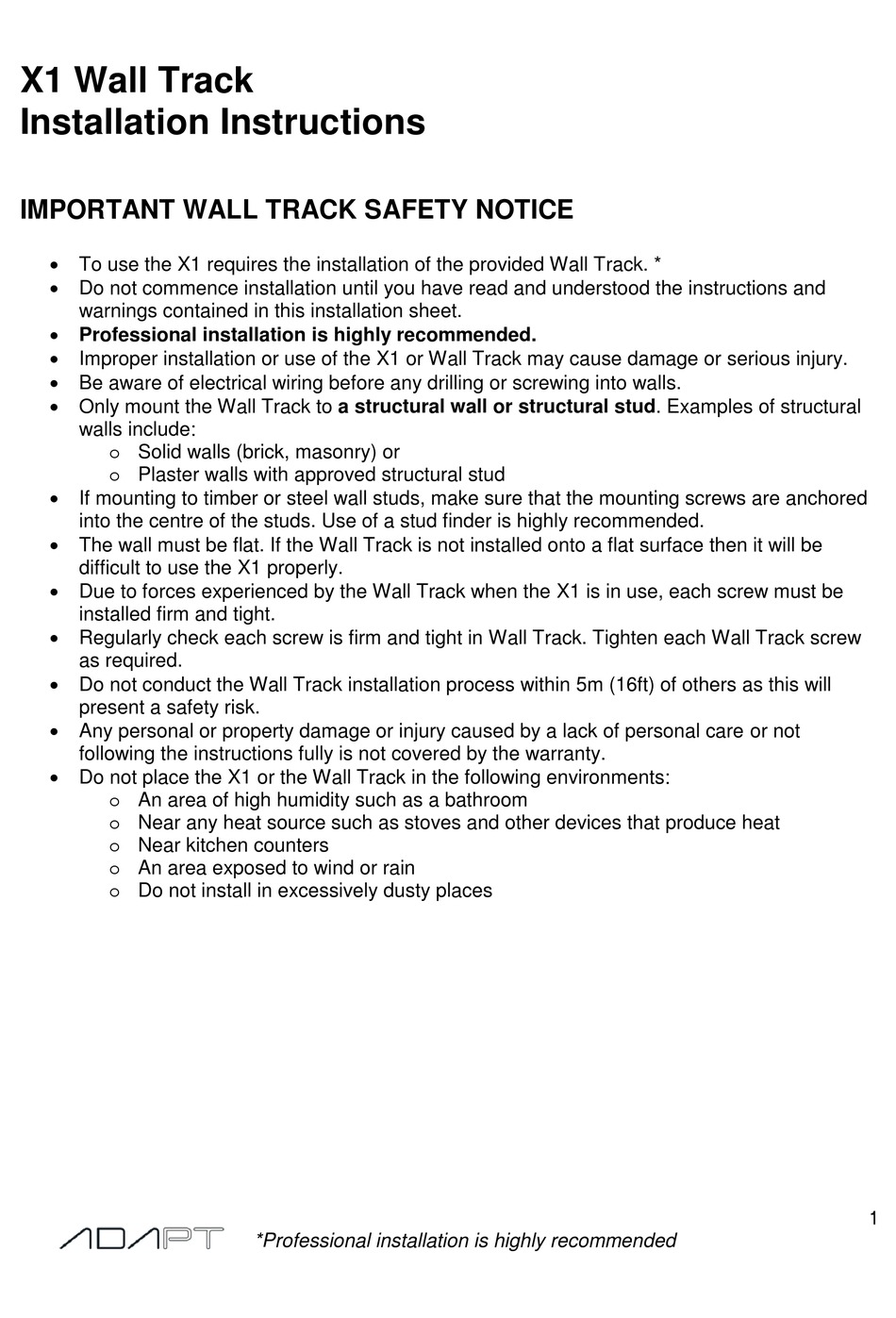 ADAPT X1 WALL TRACK INSTALLATION INSTRUCTIONS MANUAL Pdf Download
