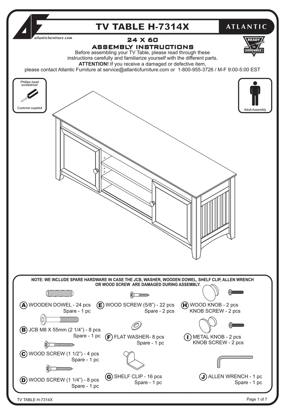 ATLANTIC FURNITURE H7314X ASSEMBLY INSTRUCTIONS MANUAL Pdf Download