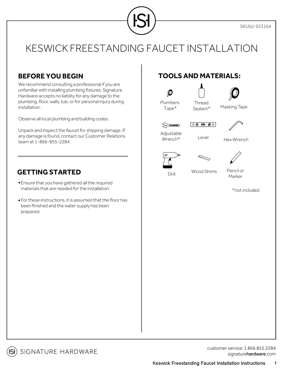 SIGNATURE HARDWARE KESWICK 923164 INSTALLATION INSTRUCTIONS Pdf