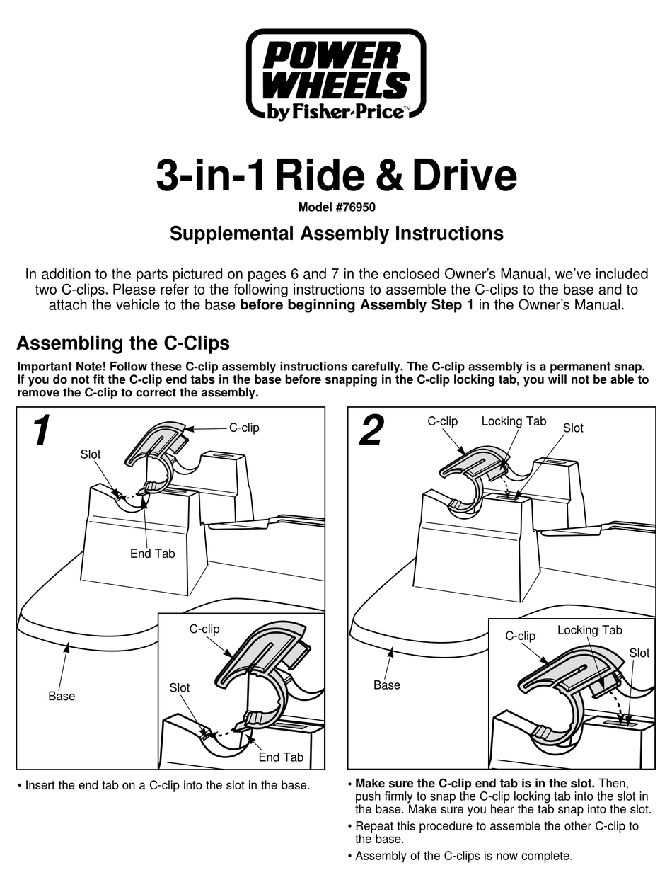 FISHERPRICE POWER WHEELS 76950 SUPPLEMENTAL ASSEMBLY INSTRUCTIONS Pdf Download ManualsLib