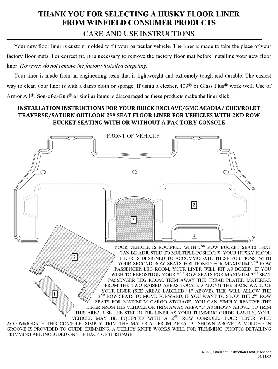 HUSKY LINERS 6102 CARE AND USE INSTRUCTIONS Pdf Download ManualsLib
