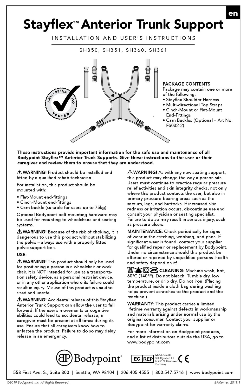 BODYPOINT STAYFLEX SH350 INSTALLATION AND USER INSTRUCTIONS MANUAL Pdf