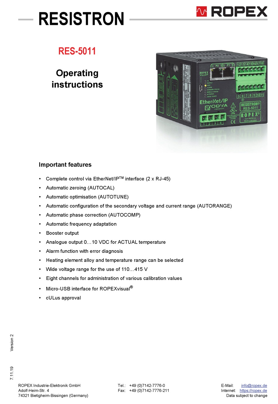 ROPEX RESISTRON RES5011 OPERATING INSTRUCTIONS MANUAL Pdf Download