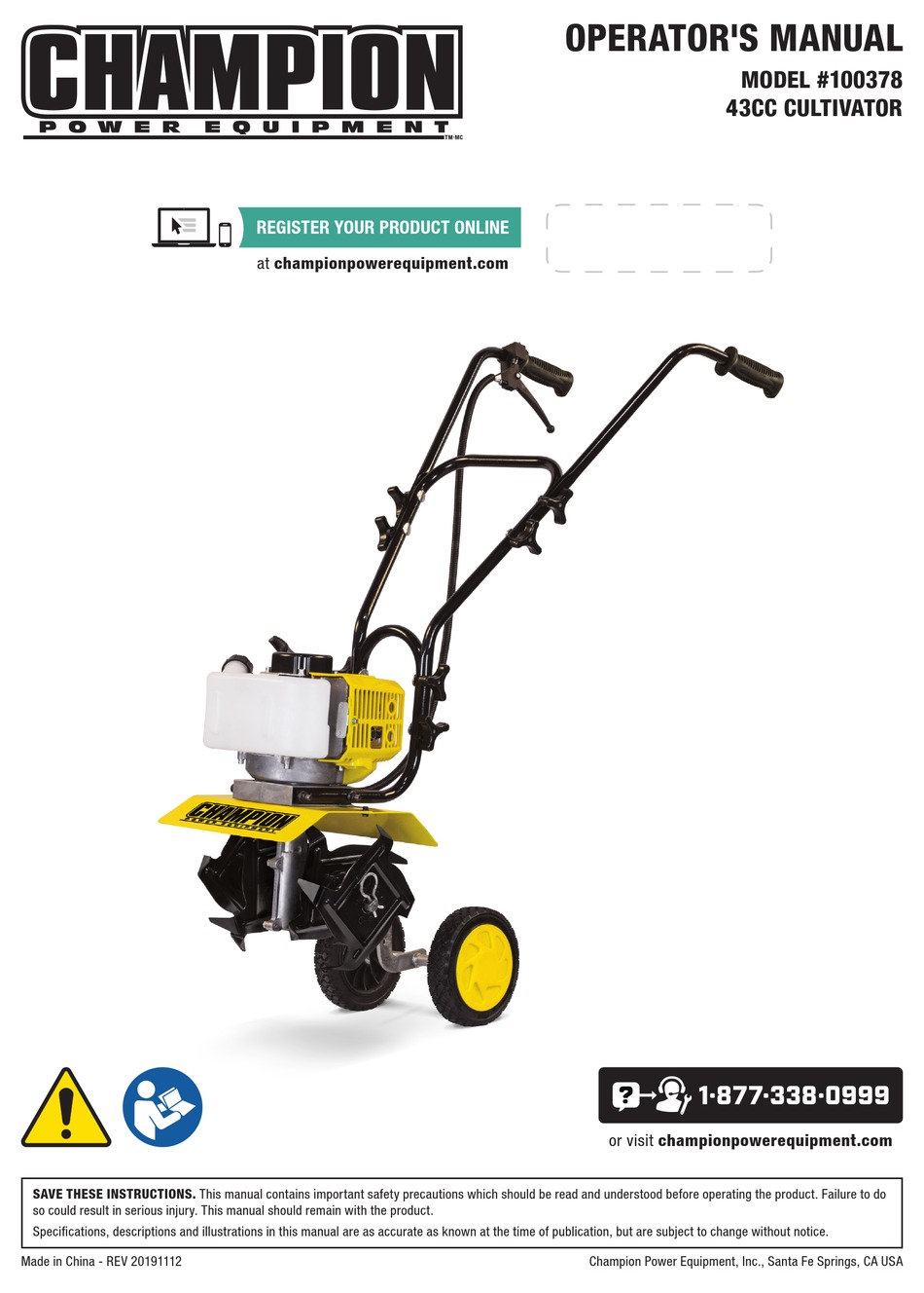 CHAMPION POWER EQUIPMENT 100378 OPERATOR