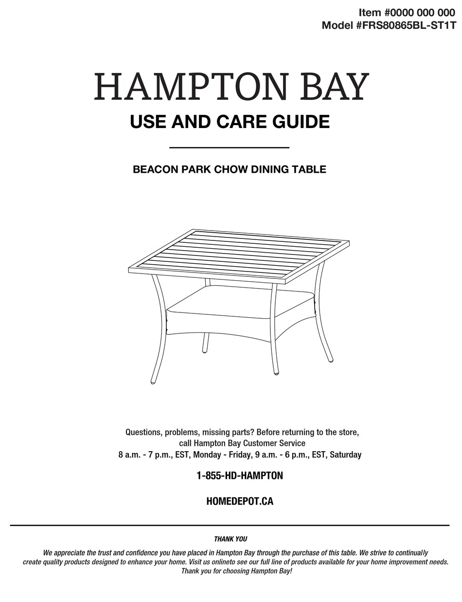 HAMPTON BAY BEACON PARK CHOW FRS80865BLST1T USE AND CARE MANUAL Pdf