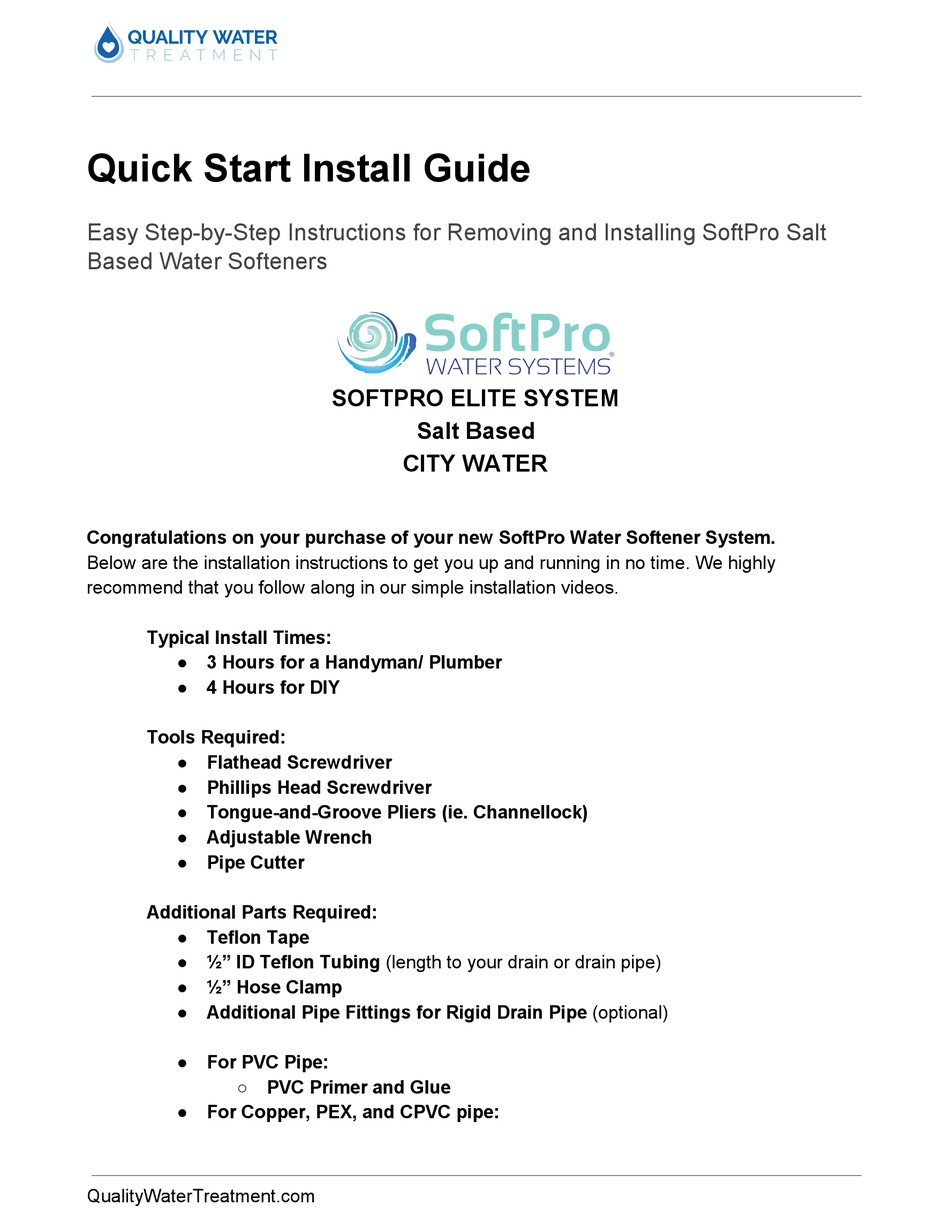 QUALITY WATER TREATMENT SOFTPRO ELITE QUICK START INSTALL MANUAL Pdf