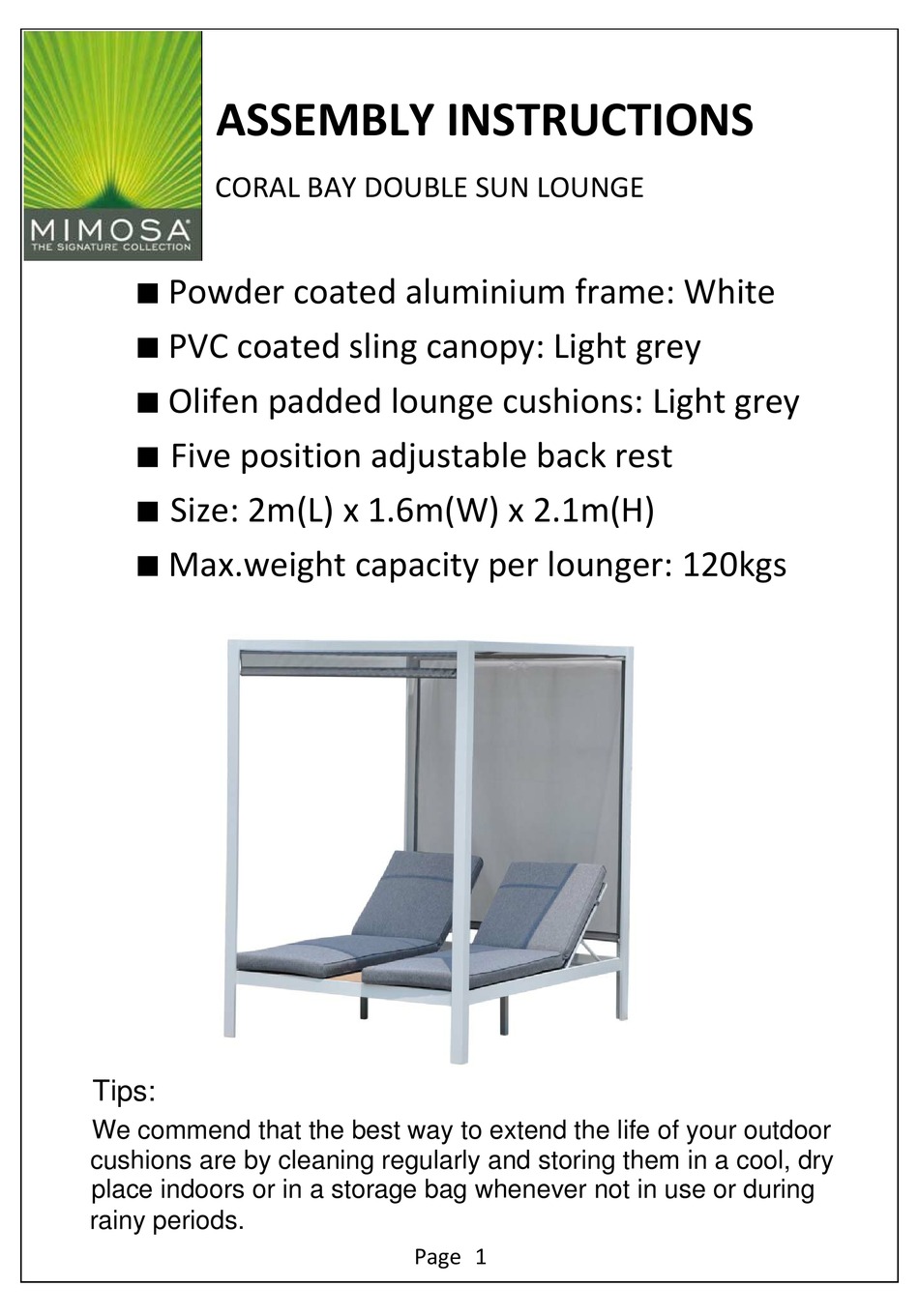 MIMOSA CORAL BAY DOUBLE SUN LOUNGE ASSEMBLY INSTRUCTIONS Pdf