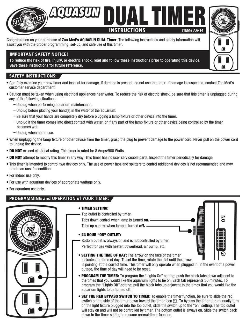 ZOO MED AQUASUN DUAL TIMER INSTRUCTIONS Pdf Download ManualsLib