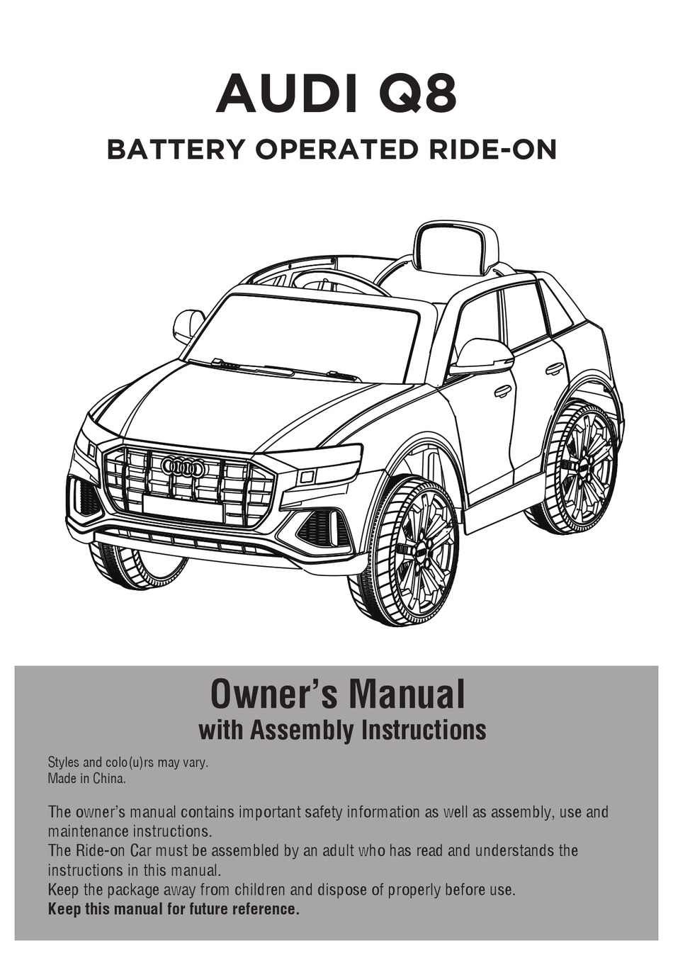 JIAJIA AUDI Q8 OWNER'S MANUAL WITH ASSEMBLY INSTRUCTIONS Pdf Download