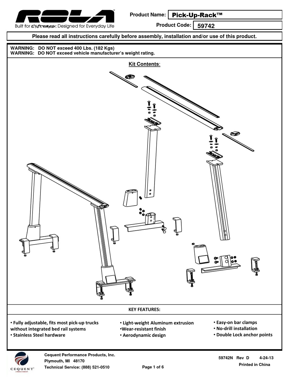ROLA PICKUPRACK INSTALLATION INSTRUCTIONS MANUAL Pdf Download
