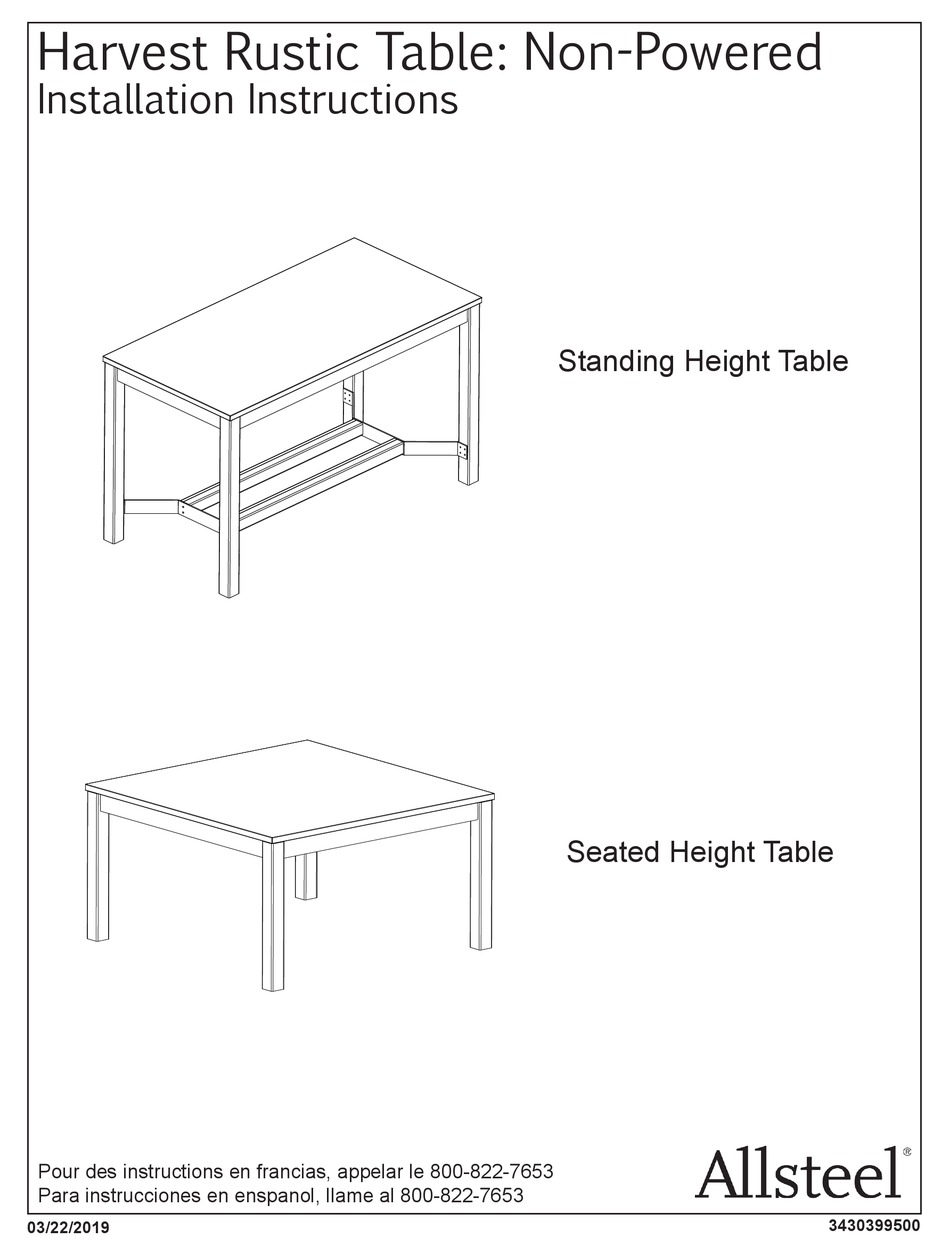 ALLSTEEL HARVEST RUSTIC STANDING HEIGHT TABLE INSTALLATION INSTRUCTIONS MANUAL Pdf Download