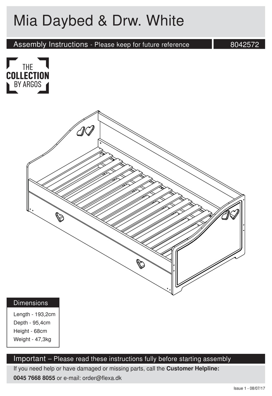 ARGOS MIA DAYBED & DRW. WHITE 8042572 ASSEMBLY INSTRUCTIONS MANUAL Pdf