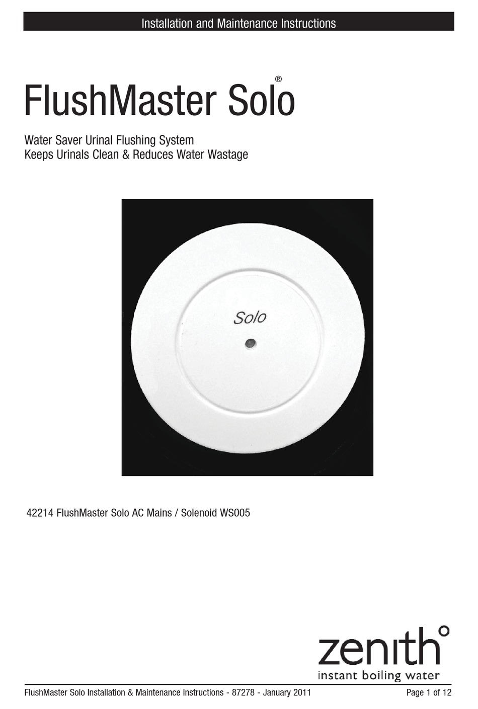 ZENITH FLUSHMASTER SOLO 42214 INSTALLATION AND MAINTENANCE INSTRUCTIONS