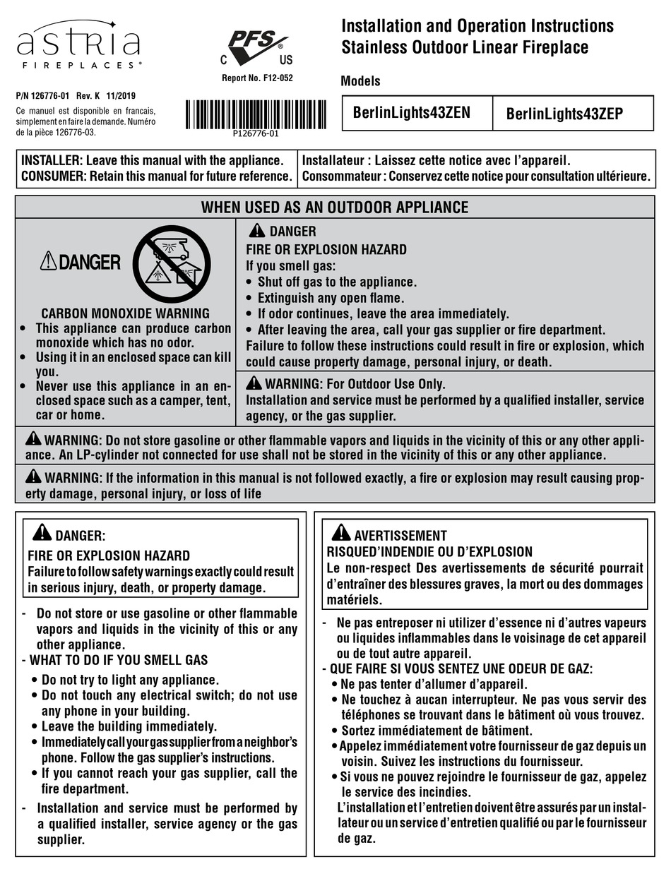 ASTRIA FIREPLACES BERLINLIGHTS43ZEN INSTALLATION AND OPERATION