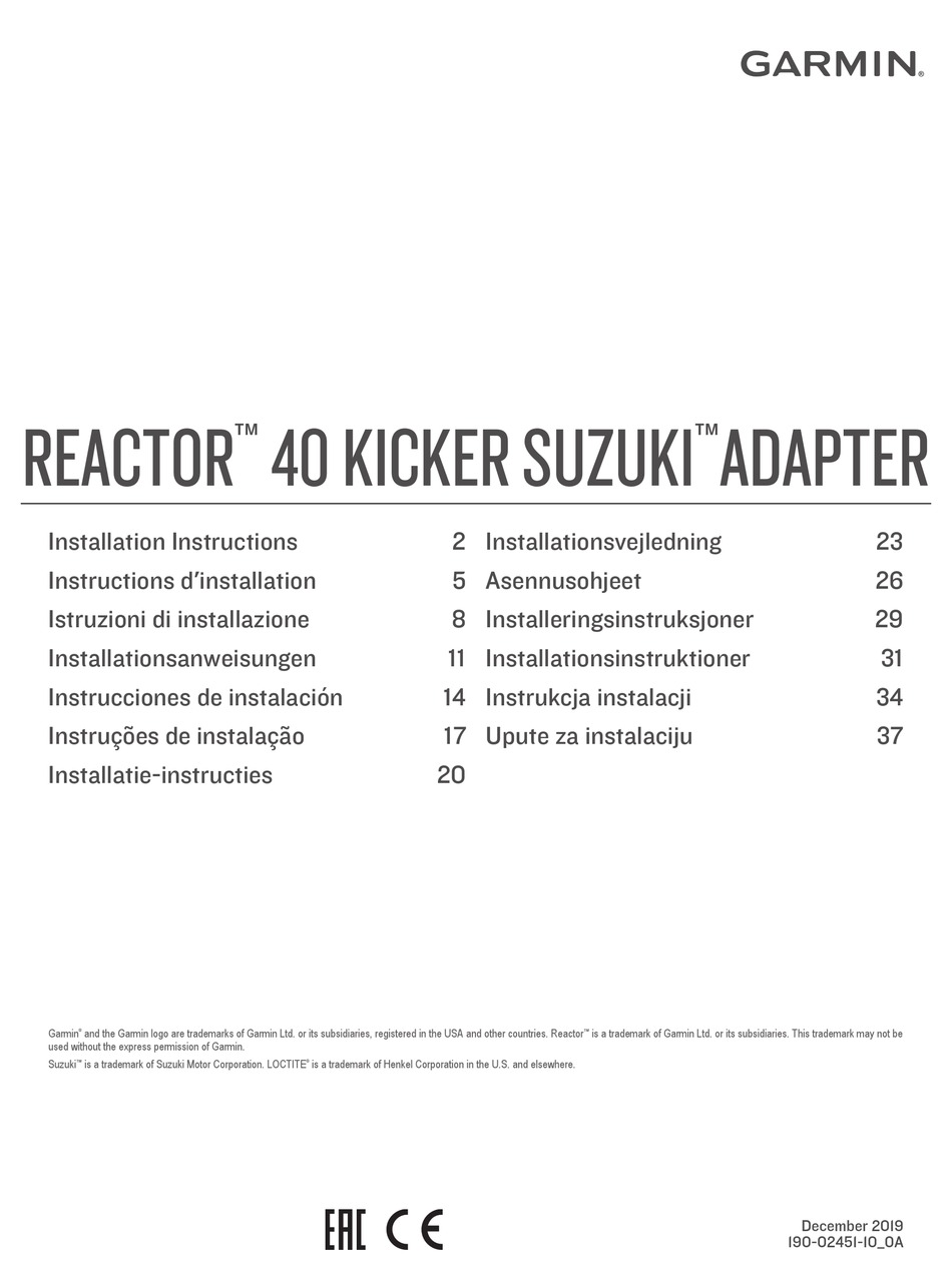 GARMIN REACTOR 40 KICKER SUZUKI ADAPTER INSTALLATION INSTRUCTIONS