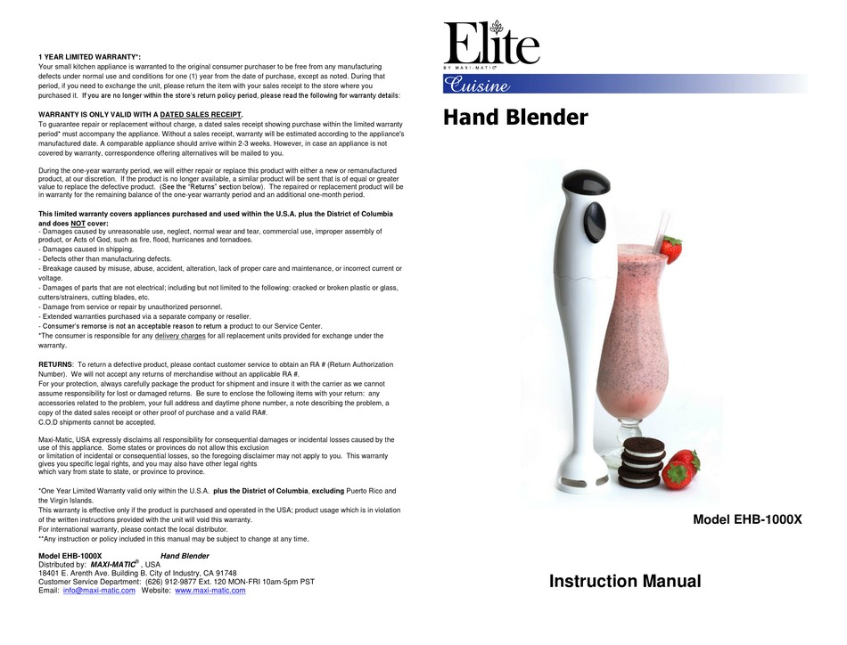Elite Cuisine Hand Blender [EHB-2425X] – Shop Elite Gourmet - Small Kitchen  Appliances