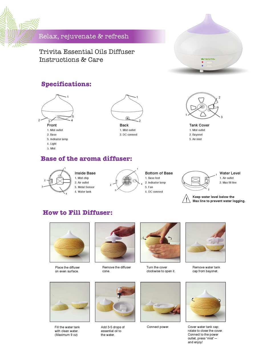 TRIVITA ESSENTIAL OILS DIFFUSER INSTRUCTIONS & CARE Pdf Download