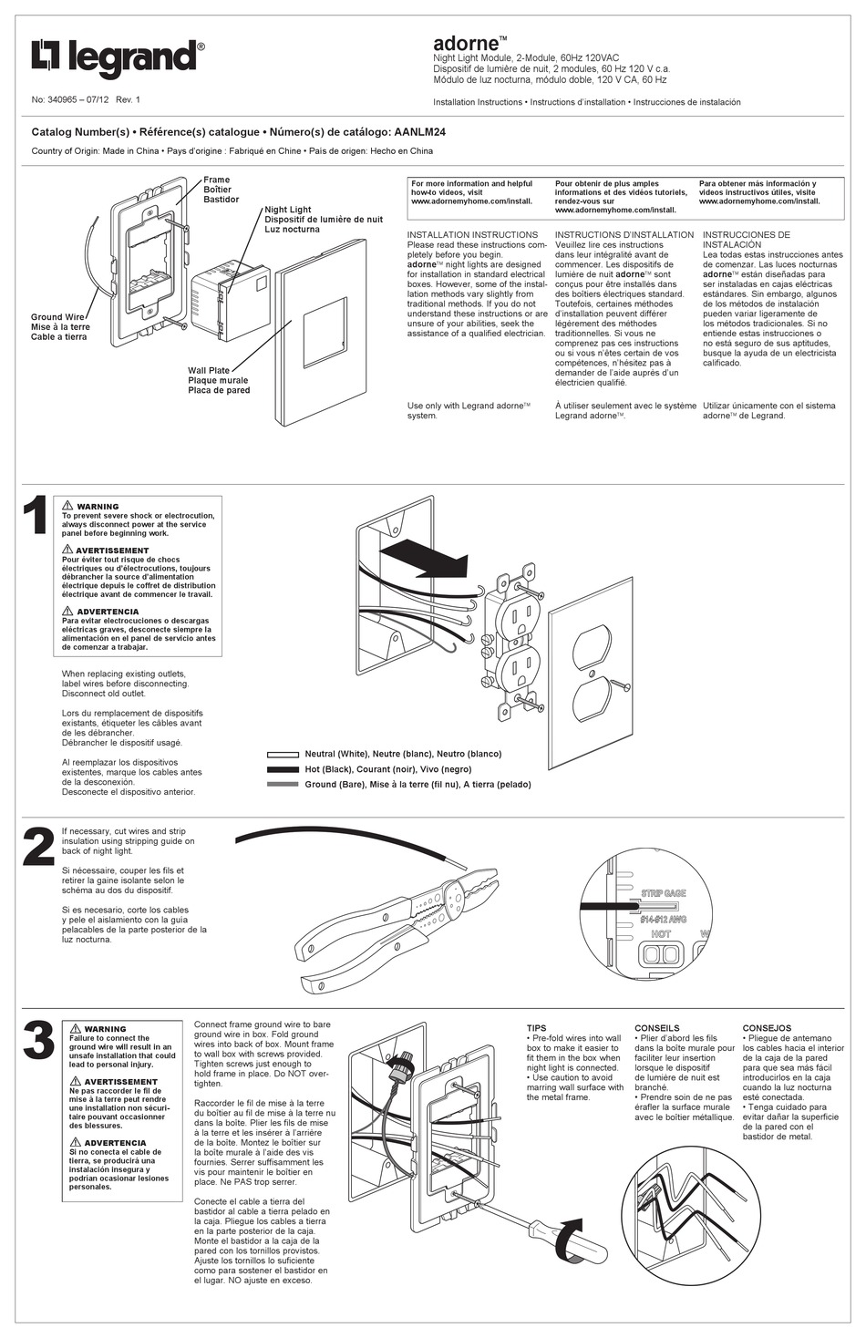 LEGRAND ADORNE NIGHT LIGHT INSTALLATION INSTRUCTIONS Pdf Download