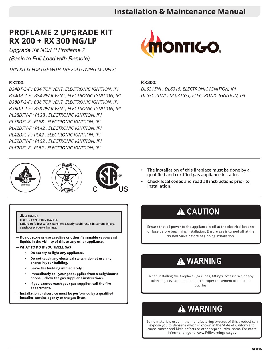 MONTIGO PROFLAME 2 RX 300 NG INSTALLATION & MAINTENANCE MANUAL Pdf