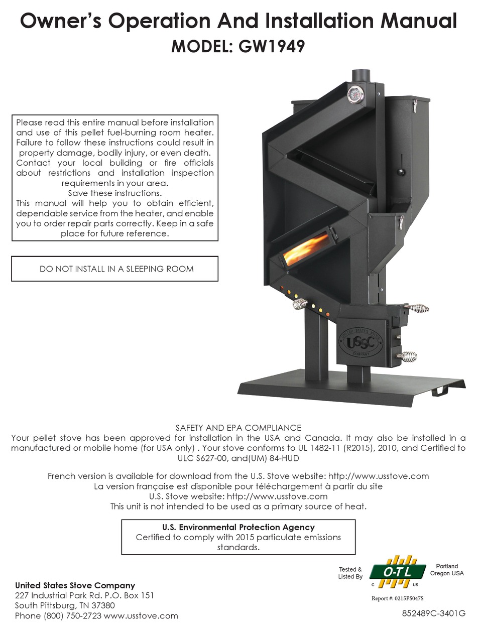 UNITED STATES STOVE COMPANY GW1949 OWNER'S OPERATION AND INSTALLATION  MANUAL Pdf Download | ManualsLib