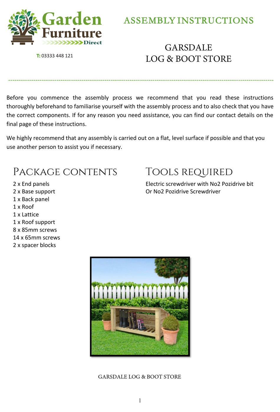 GARDEN FURNITURE DIRECT GARSDALE LOG & BOOT STORE ASSEMBLY INSTRUCTIONS