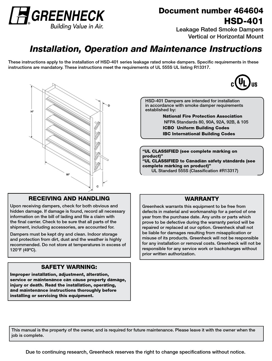 GREENHECK HSD-401 INSTALLATION, OPERATION AND MAINTENANCE INSTRUCTIONS ...