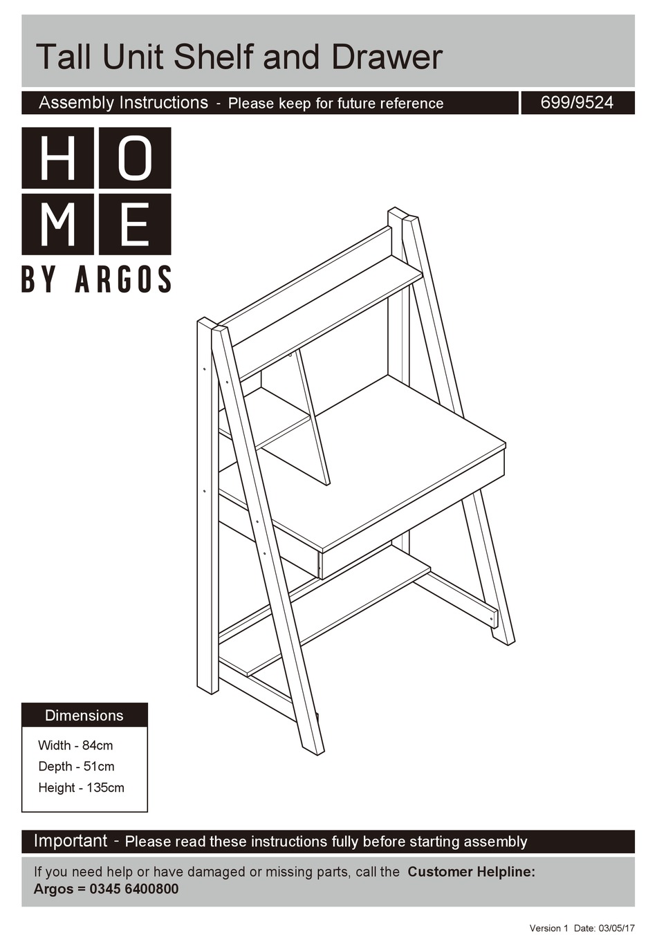 ARGOS HOME TALL UNIT SHELF AND DRAWER 699/9524 ASSEMBLY INSTRUCTIONS MANUAL Pdf Download