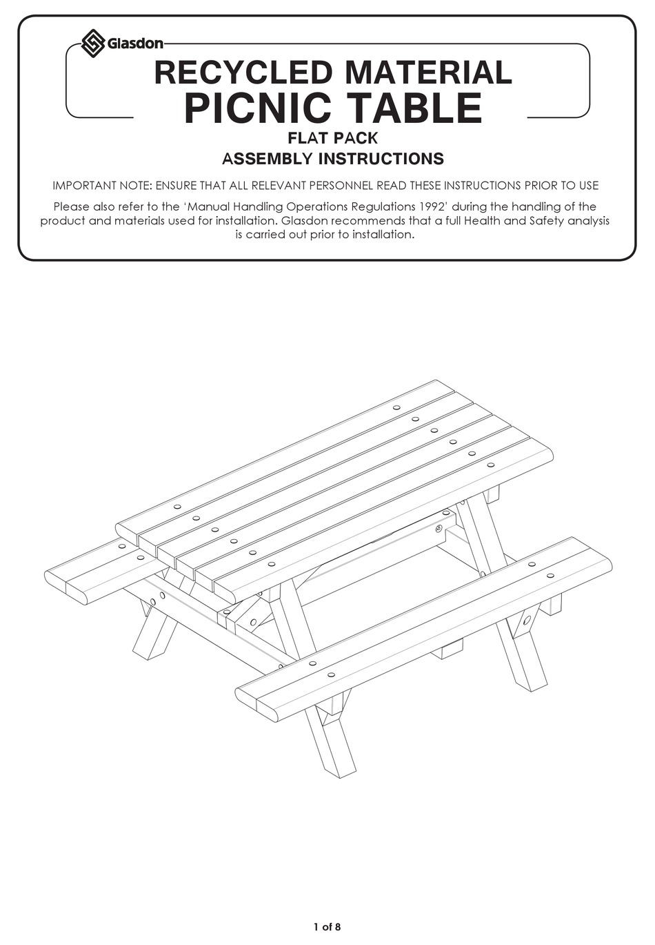 GLASDON RECYCLED MATERIAL PICNIC TABLE ASSEMBLY INSTRUCTIONS MANUAL Pdf