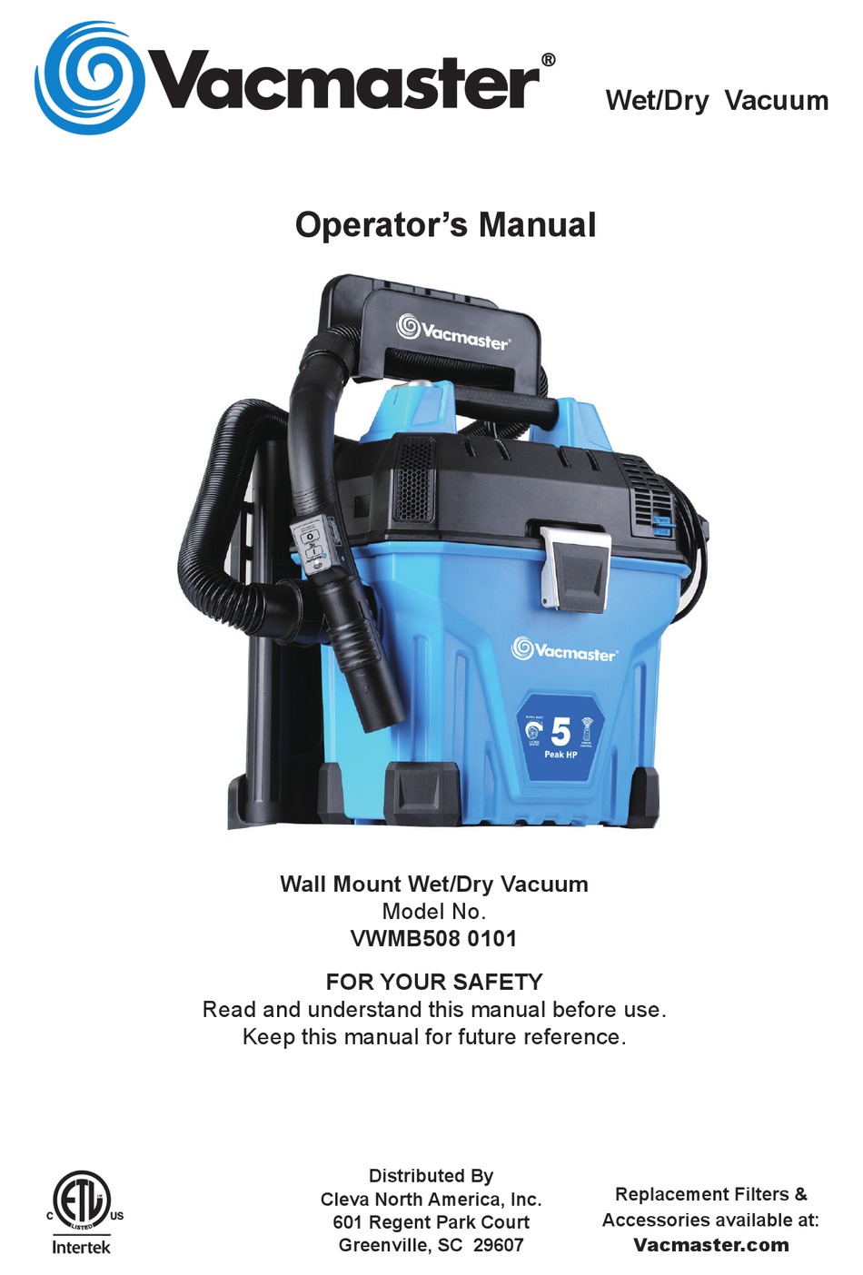 VACMASTER VWMB508 0101 OPERATOR'S 