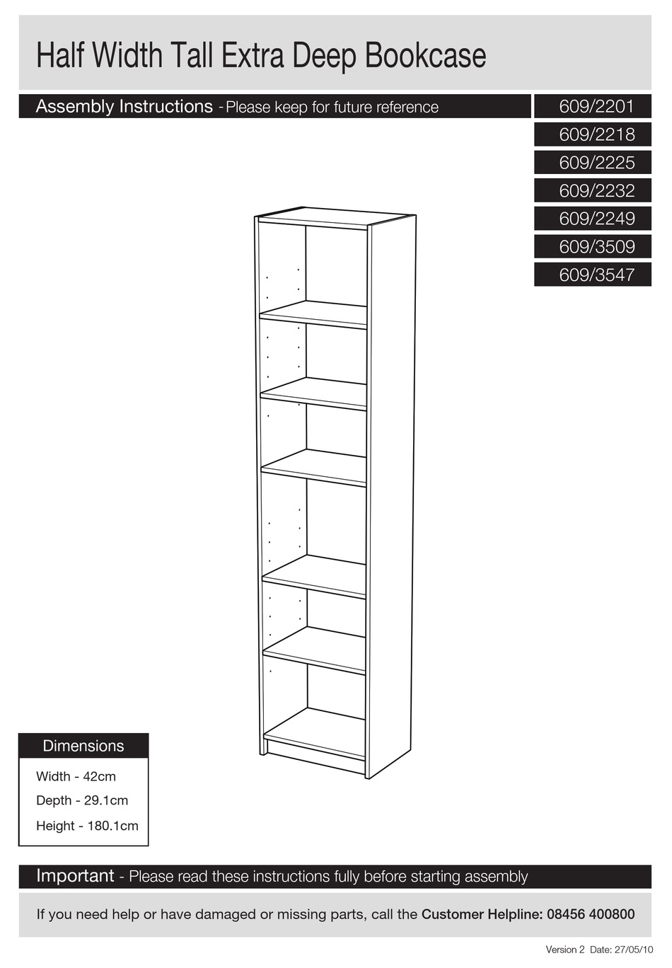 ARGOS HALF WIDTH TALL EXTRA DEEP BOOKCASE 609/2201 ASSEMBLY INSTRUCTIONS MANUAL Pdf Download