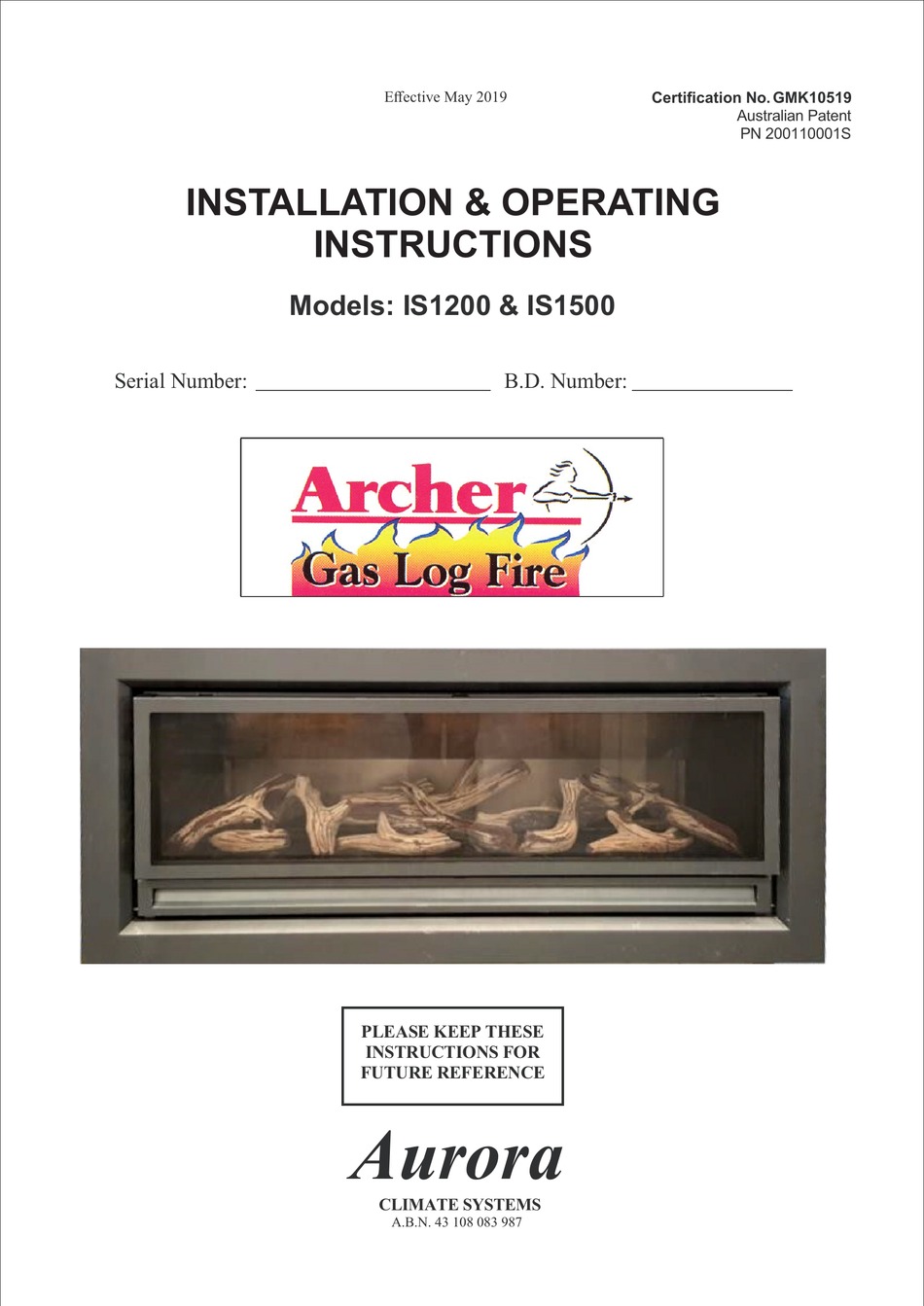 AURORA ARCHER IS1200 INSTALLATION & OPERATING INSTRUCTIONS MANUAL Pdf