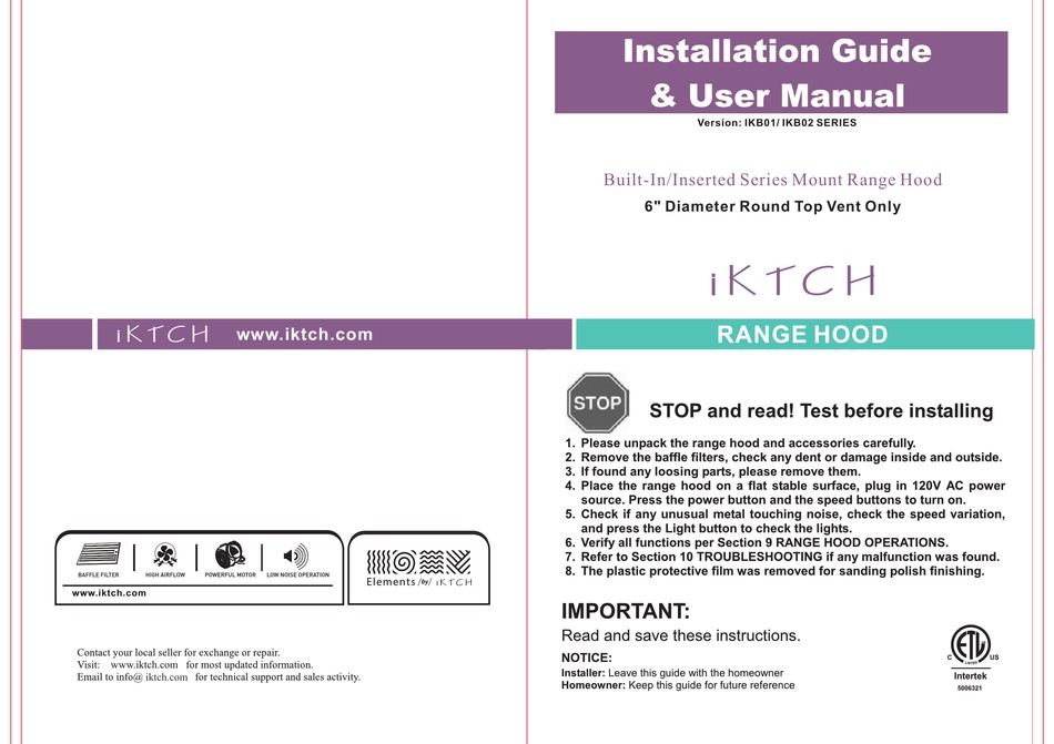 IKTCH IKB01 SERIES INSTALLATION MANUAL & USER MANUAL Pdf Download