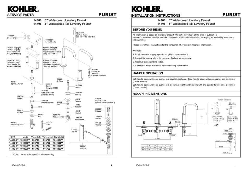 KOHLER PURIST 14406 INSTALLATION INSTRUCTIONS Pdf Download ManualsLib