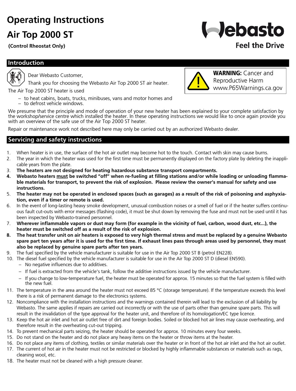 WEBASTO AIR TOP 2000 ST OPERATING INSTRUCTIONS Pdf Download | ManualsLib
