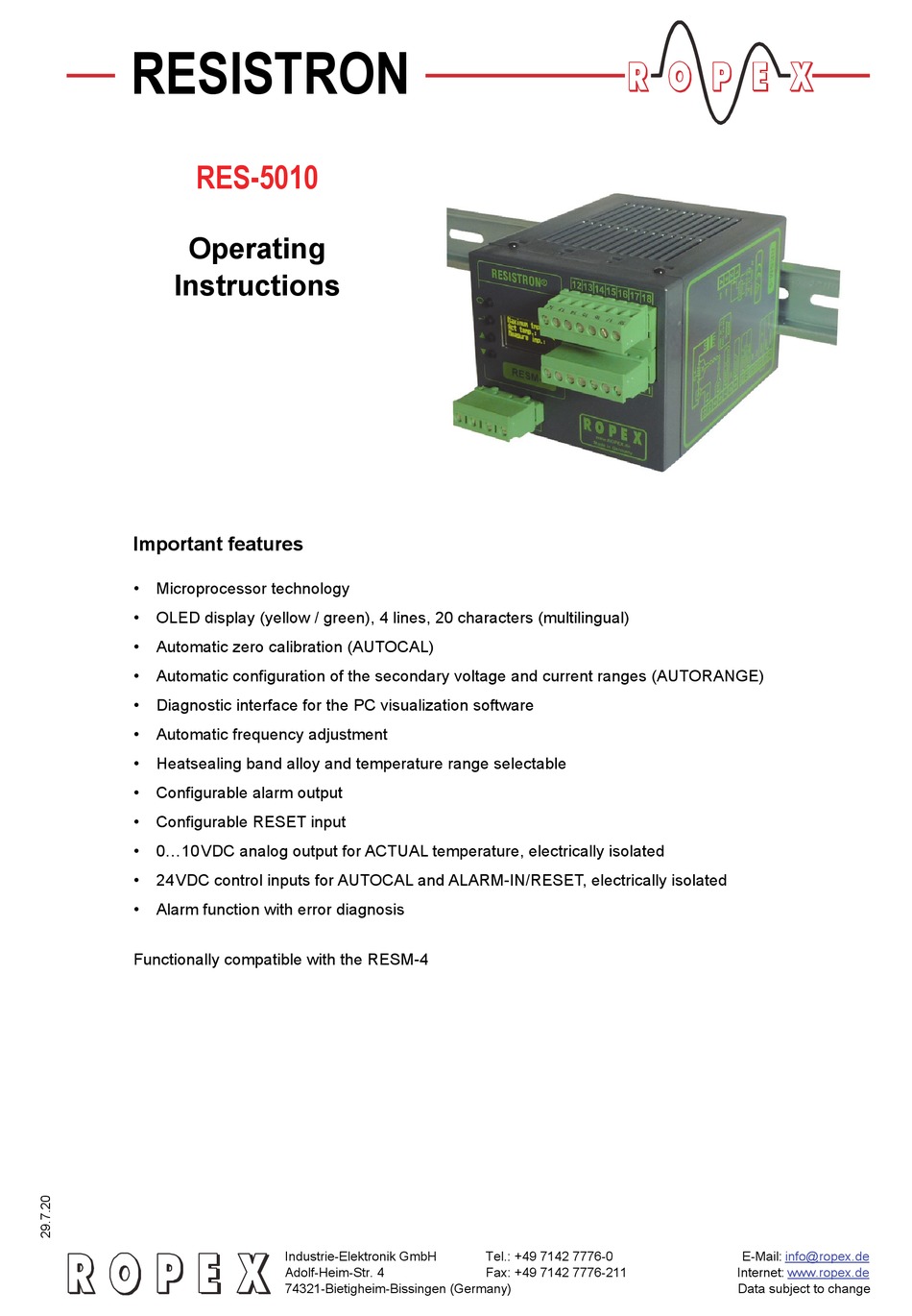 ROPEX RESISTRON RES5010 OPERATING INSTRUCTIONS MANUAL Pdf Download