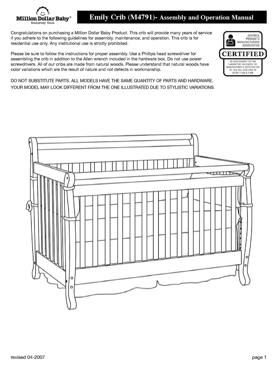 MILLION DOLLAR BABY EMILY CRIB M4791 ASSEMBLY AND OPERATION MANUAL Pdf Download ManualsLib