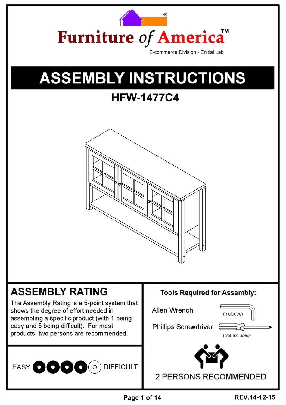 FURNITURE OF AMERICA HFW-1477C4 ASSEMBLY INSTRUCTIONS MANUAL Pdf ...