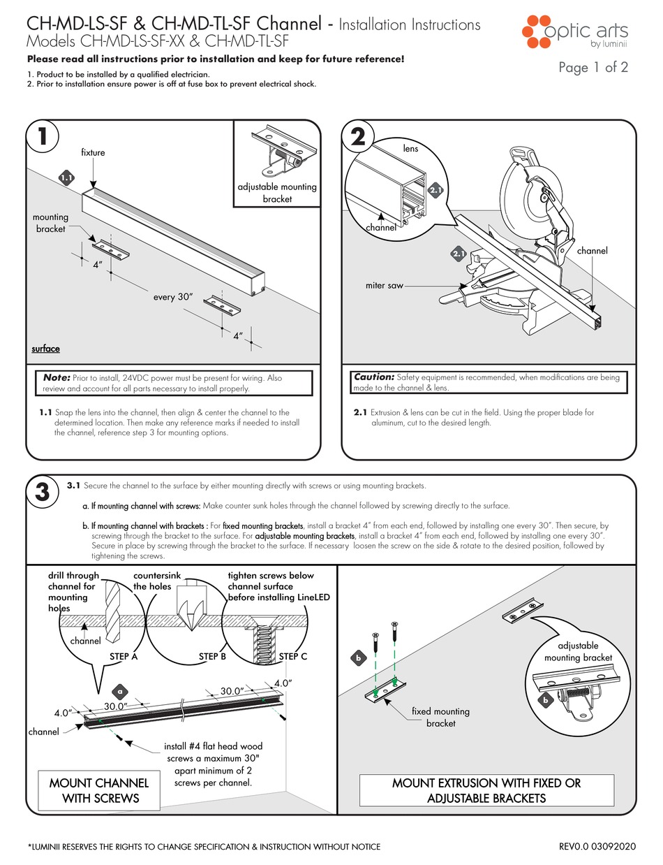 LUMINII OPTIC ARTS CHMDLSSF SERIES INSTALLATION INSTRUCTIONS Pdf