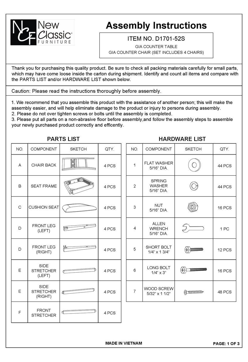 NEW CLASSIC HOME FURNISHINGS GIA D170152S ASSEMBLY INSTRUCTIONS Pdf