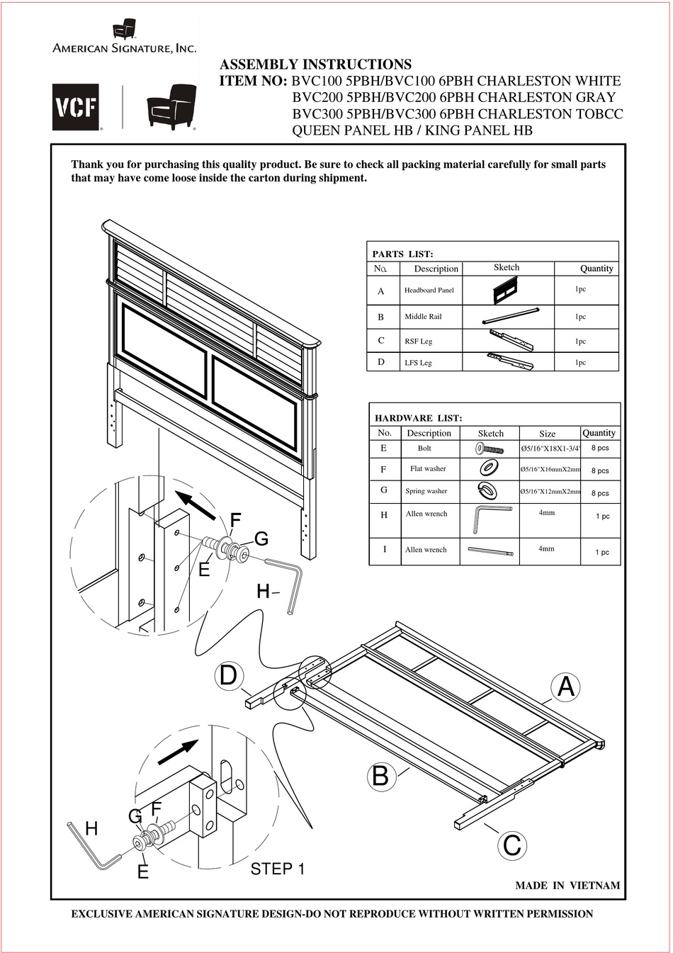 AMERICAN SIGNATURE VCF CHARLESTON BVC100 5PBH ASSEMBLY INSTRUCTIONS Pdf