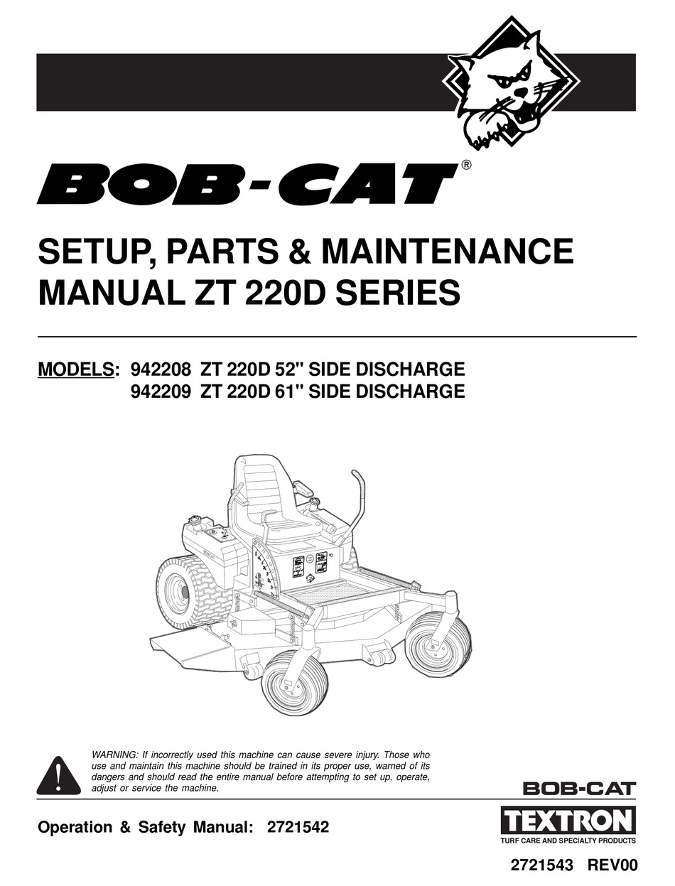 TEXTRON BOBCAT ZT 220D SERIES SETUP, PARTS & MAINTENANCE MANUAL