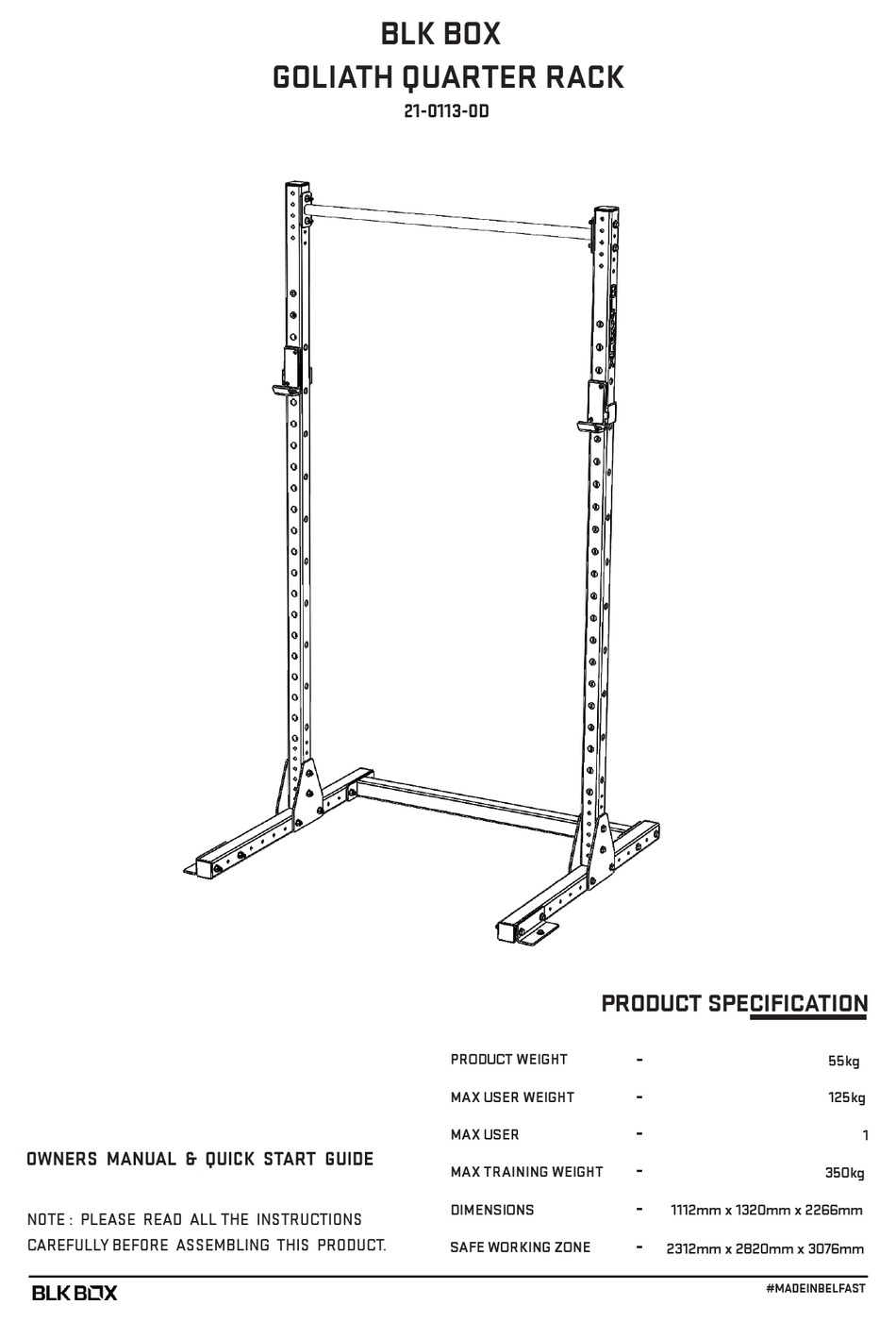 BLK BOX GOLIATH QUARTER RACK OWNER'S MANUAL & QUICK START MANUAL Pdf