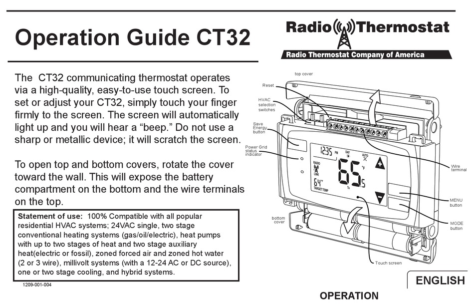 RADIO THERMOSTAT CT32 OPERATION MANUAL Pdf Download | ManualsLib