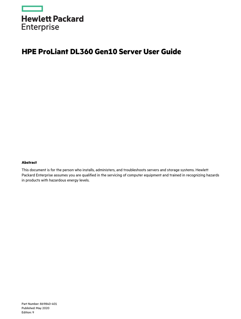 HPE PROLIANT DL360 GEN10 USER MANUAL Pdf Download ManualsLib