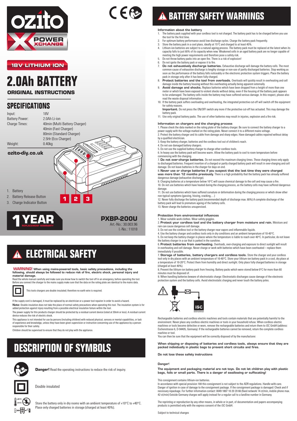OZITO POWER X CHANGE PXBP200U ORIGINAL INSTRUCTIONS Pdf Download